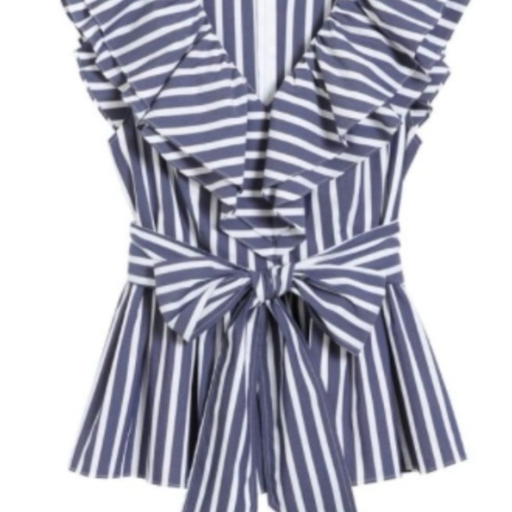 Halogen Atlantic Pacific blue and white ruffle striped v neck top, XL
